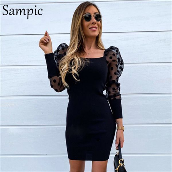 

sampic woman polka dot turtleneck casual party puff mesh long sleeve dress bodycon mini knitted sweater dress autumn winter, Black;pink