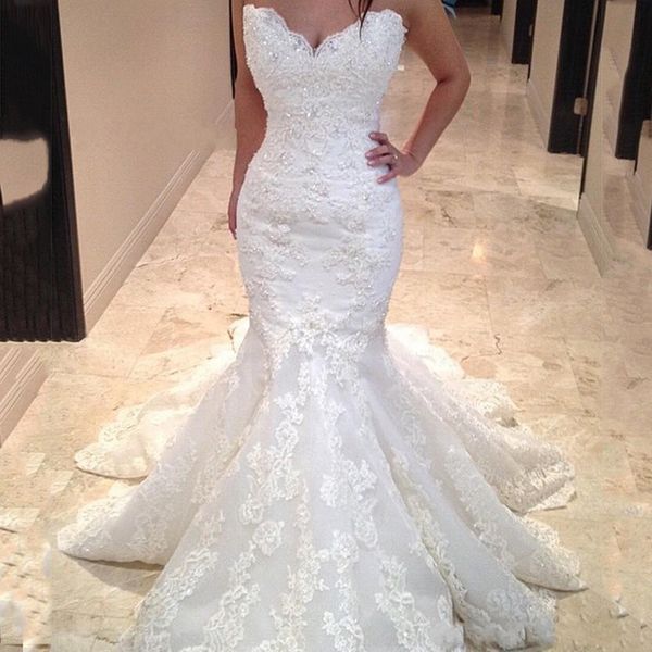 

vintage strapless lace mermaid wedding dresses 2020 with beaded appliques sweep train tulle plus size wedding bridal gowns, White