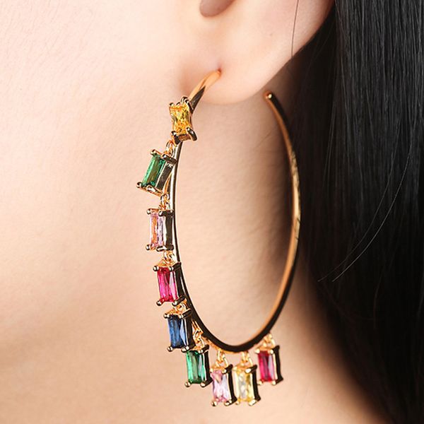 

luxury colorful zircon diamond tassel big hoop earrings women gold circle ruby red gemstone monaco fashion wedding party jewelry, Golden;silver