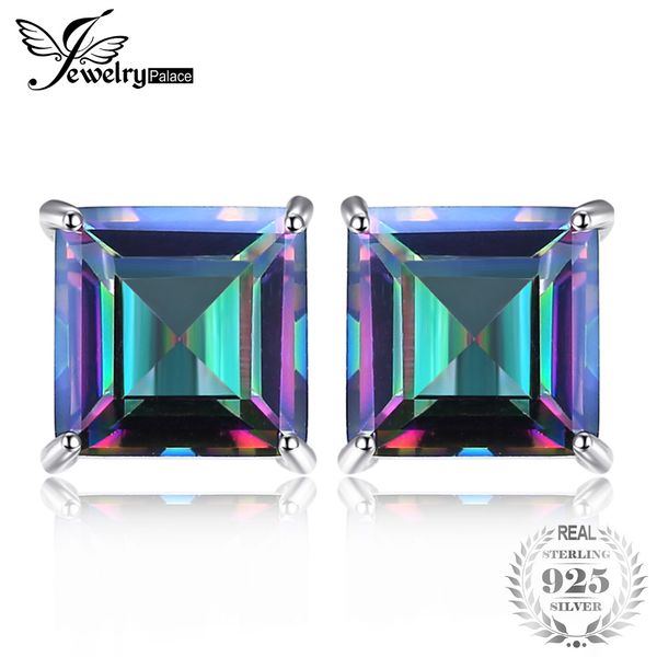 

square 6ct natural mystic rainbow z earrings stud for girl genuine real solid 925 sterling silver gem stone jewelry new, Golden;silver