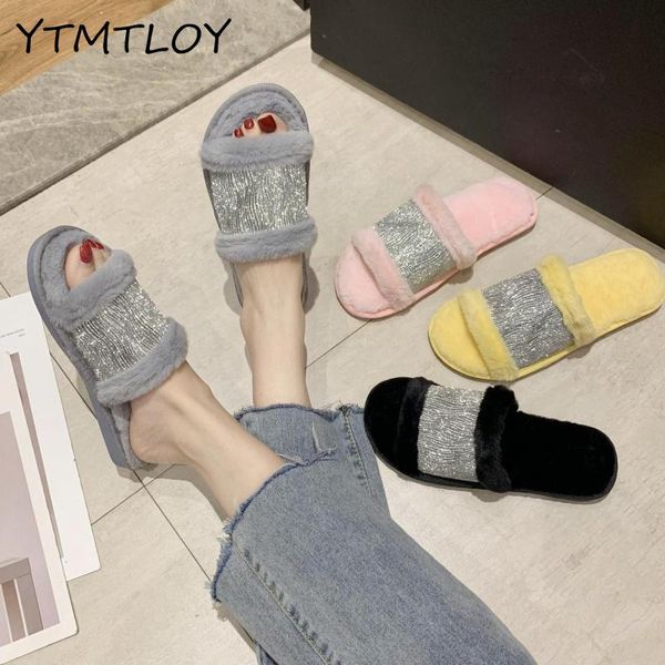 

fur slippers women real fur slides home furry flat female cute fluffy house shoes woman 2020 zapatillas de mujer, Black