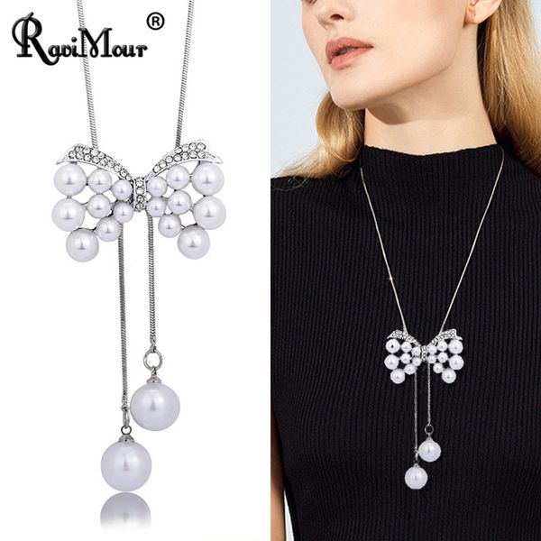 

cute simulated pearl bowknot pendant necklace women fashion jewelry silver rhinestone long sweater chain choker collares mujer