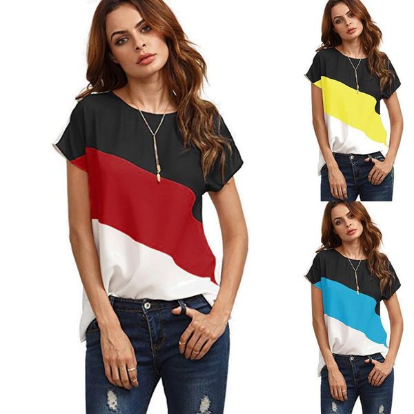 

15women колорит блочные шифона с коротким рукавом повседневная конфеты цвета круглый шеи рубашки мундир топы roupas femininas # 15, White