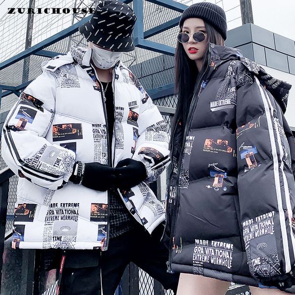 

zurichouse oversize winter jacket women hip-hop style couple series hooded parka 2019 fashion letter-print cotton padded coat, Tan;black