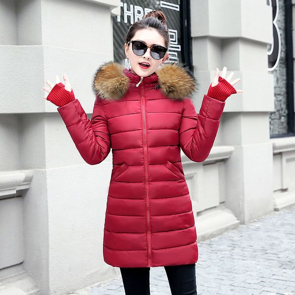 

2019 winter coat women fake fur raccoon collar warm woman parka hooded outerwear thicken down jackets winter jacket female coat, Black