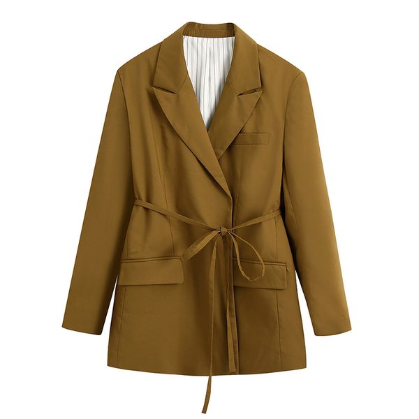 

aachoae brown color notched neck blazer women long sleeve pocket blazers with belt fashion back split bandage coat lady casaco, White;black