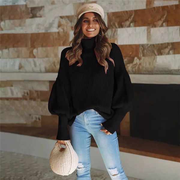 

womens designer pure color sweaters turtle neck lantern sleeve sweaters homme style extra large casual apparels, White;black