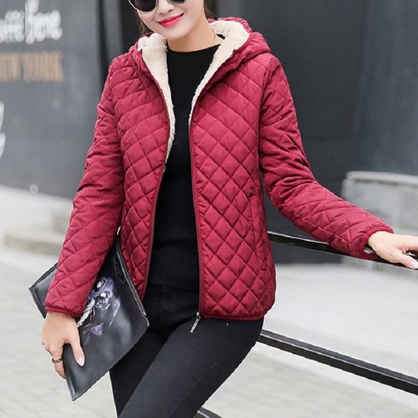 

women winter fashion warm hooded parkas pockets zippers ladies long sleeve stitching sewing plaids coats size s-2xl, Tan;black