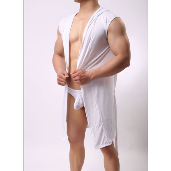 

men's sleepwear men summer pajamas solid color fashion nightgown robe bath casual comfortable male sleeveless hooded, Black;brown