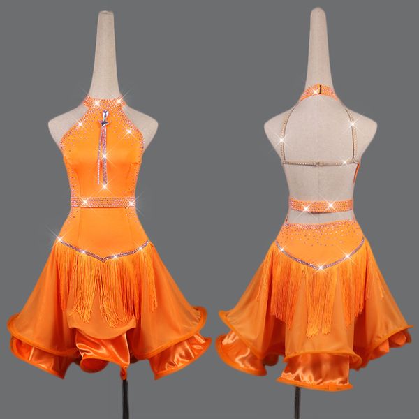 

rhinestone latin dance dress for women orange fringe dress gauze dance skirt club party dancer competitive latin vdb109, Black;red