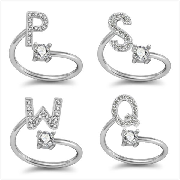 Nuovi anelli personalizzati in oro bianco con zirconi dalla A alla Z lettera iniziale anelli per dita personalizzati anello con polsino aperto con diamanti regali per le donne all'ingrosso