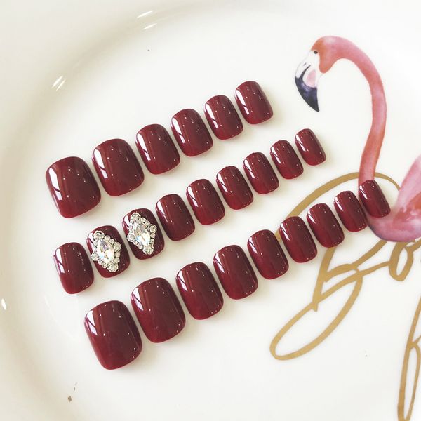 

new bride wine red false nails full cover artificial diamond rhinestone design short square fake nails with glue 24pdc girls diy, Red;gold