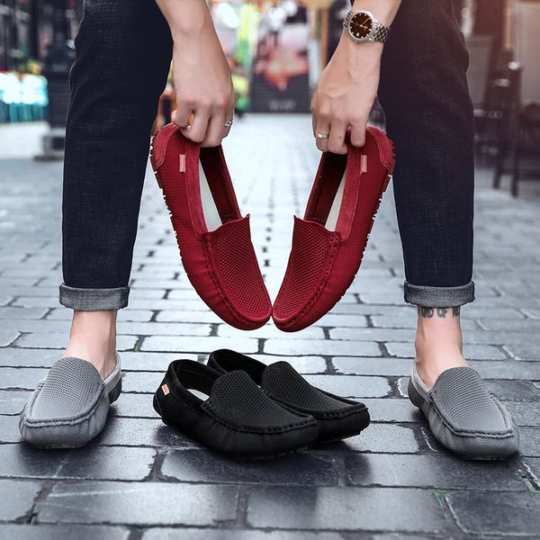 

new style men moccosins men's lazy korean-style trend woven lightweight mesh slip-on shoes soft bottom hollow out casual sho, Black