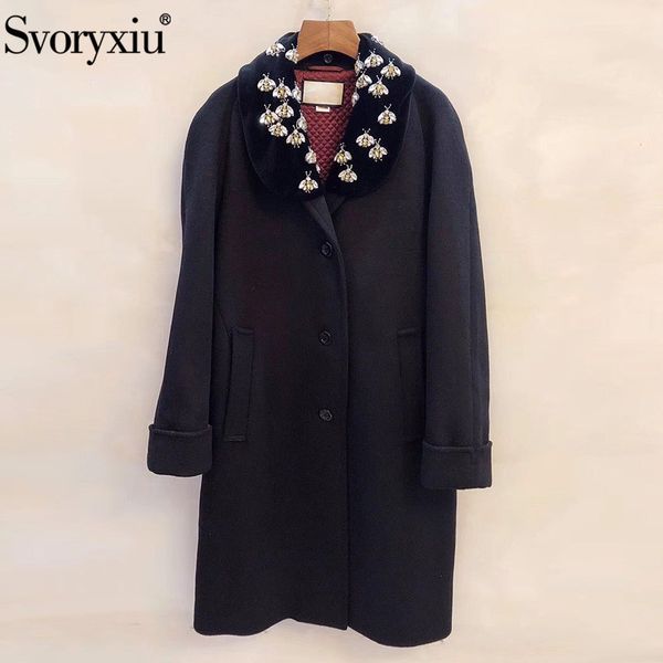 

svoryxiu designer custom wool blended black overcoat outwear women's diamond little bee luxury winter warm overcoat coat