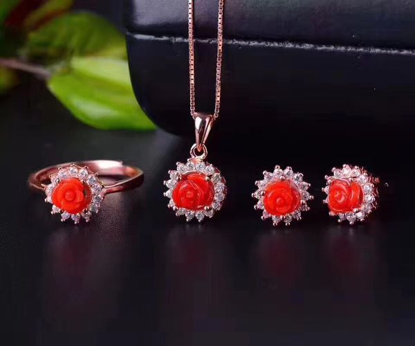 

natural rose coral jewelry set, Black