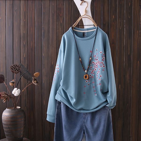 

2019 new loose round neck sweatershirt embroidered long sleeve spring autumn embroidery pullovers plus size all-match, Black