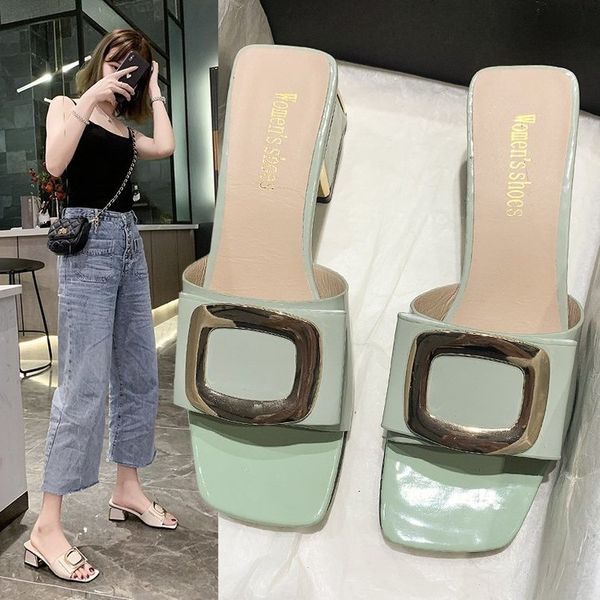 

shoes square heel slippers casual slides med slipers women soft block 2020 pu scandals rubber buckle strap hoof heels, Black