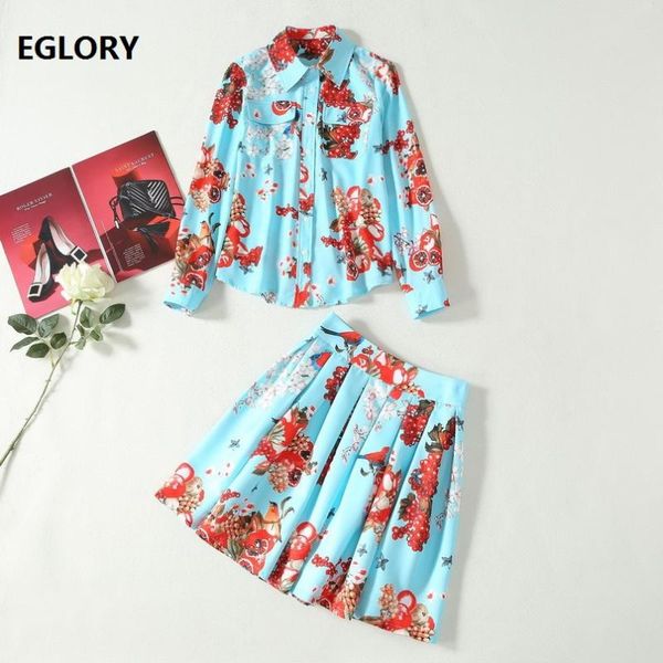 

skirt suits 2020 spring summer suits & sets women sweet fruits print blue shirt+knee-length skirt sets two piece, White