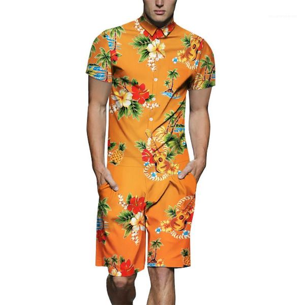 

mens knee length streetwear summer floral print mens jumpsuits lapel neck short sleeve relaxed jumpsuits above, Black