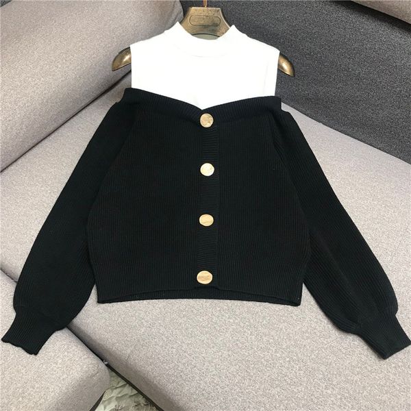 

luxury designer brand knitted sweater for women o neck fake two off the shoulder metal buttons knitted pullovers sweater, White;black