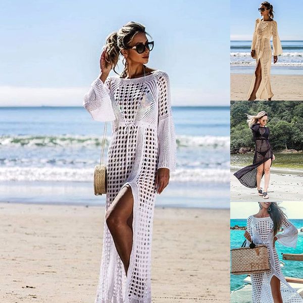 

2020 hollowed-out knitted bikini skirt skirt beach long dress bikini blouse sunscreen long dress, White;black