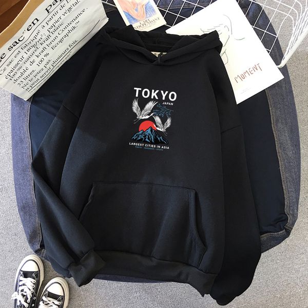 

tokyo sunrise graphic print punk women's sweatshirt warm streetwear harajuku hoodie japan kpop fashion casual hoody ladies, Black