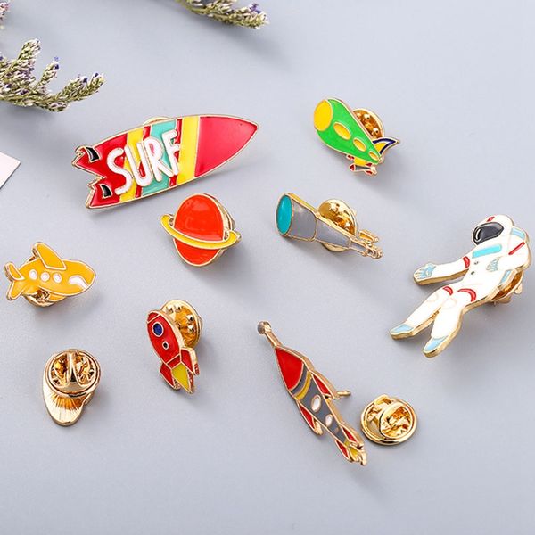 

1pcs creative universe spaceship series brooch rocket alien moon star enamel pins badge denim coat lapel pin space jewelry