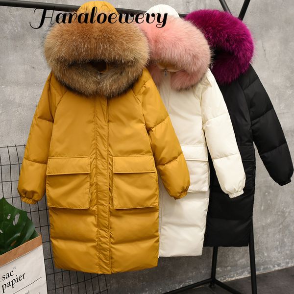 

winter women white duck down jacket warm thick hooded large real fur collar long down parkas outwear loose female coat rh01058, Black