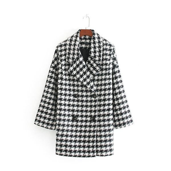 

wide women houndstooth woolen coat autumn 2019 new fashion modern lady double breasted outwear, Black