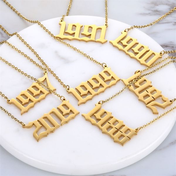 

old english number chokers necklace stainless steel birthday gift personalized birth year necklaces for women men custom jewelry, Silver