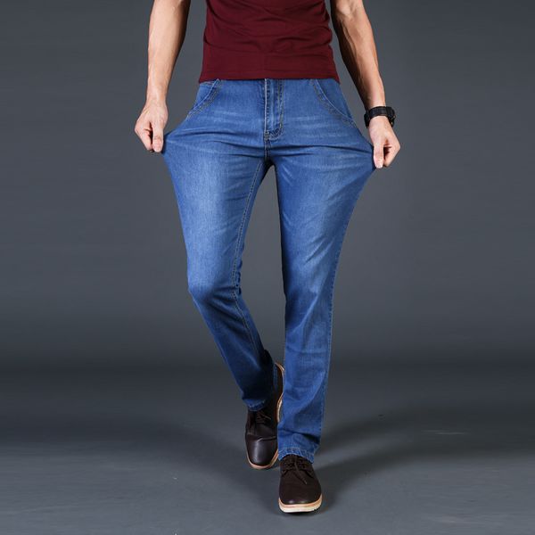 

2019 spring summer new men's warm jeans business casual elasticity slim denim pants brand trousers blue plus size 40 42