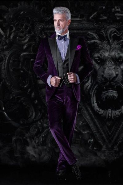 

new arrival one button purple velvet wedding groom tuxedos peak lapel groomsmen mens business party suits (jacket+pants+vest+tie) 569, Black;gray