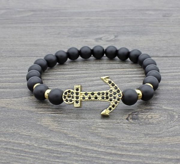 

8mm xb344 silver gold copper anchor micro pave cz zircon cubic zirconia bracelet black matte glass bead buddha yoga bangles