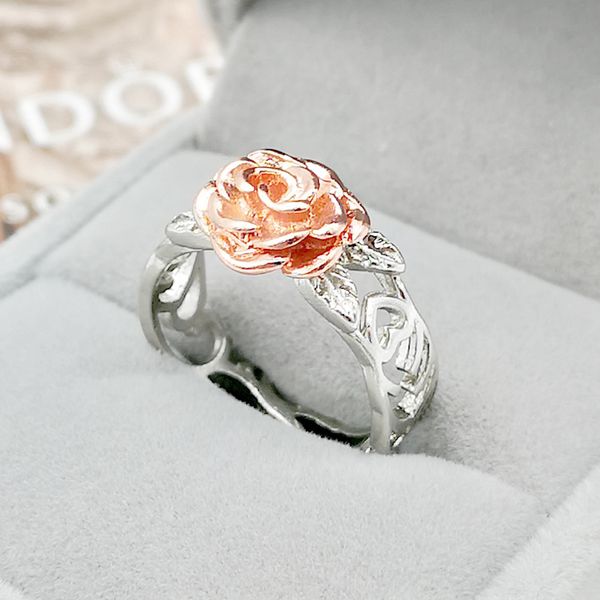 

10pcs/lots exquisite two tone floral ring solid 14k rose gold fashion flower jewelry proposal anniversary gift engagement wedding band rings, Silver