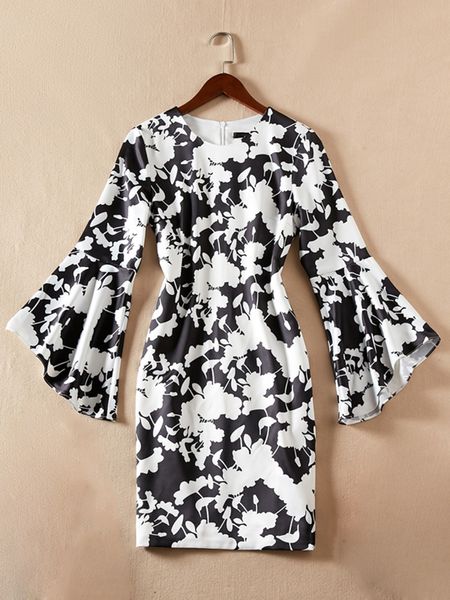 

floral flower print women sheath dress flare sleeve round neck dresses, Black;gray