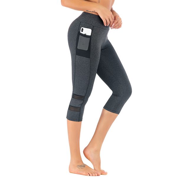 

2019 new women yoga pants mesh pockets splice breathable cropped pants for fitness als88, White;red