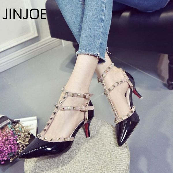

jinjoe new style shoes woman summer solid color sandals high-heeled shoe pointed toe buckle strap rivet single shoes 6.5cm, Black
