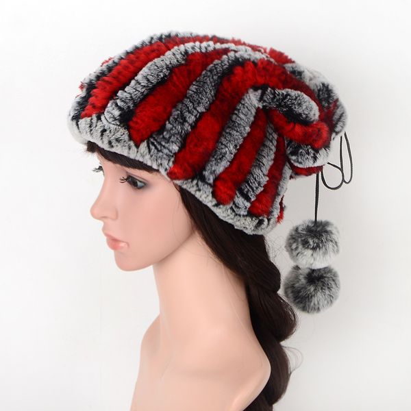 

2018 colour rex rabbit's hair hats manual weave leather and fur bright silk bobble hat high elastic keep warm new gameplay, Blue;gray