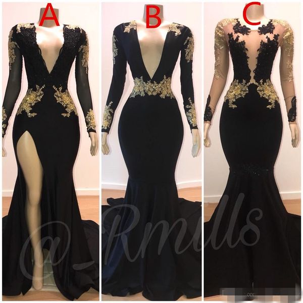

side slit black prom dresses mermaid v neck gold lace applique plunging plus size custom made long sleeves formal evening party gowns