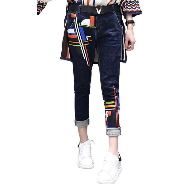 

s-6xl women's spring large size two-piece 2019 new fashion loose high waist printing set female high-end shirt + jeans two-piece, White