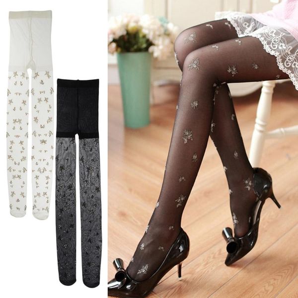 

womens ultra thin pantyhose embroidered flower leggings stretch tight, Black;white