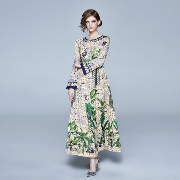 

fashion long maxi runway dress women long flare sleeve elegant bow belt floral print celebrate loose model dresses, White