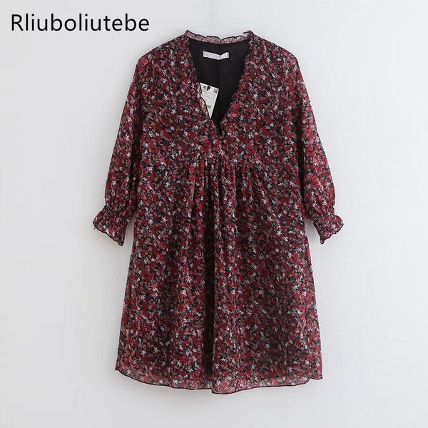 

v neck цветочные печати оборками платье женщины длинные рукава flare короткие sexy высокая талия цветочные платья мини vestidos mujer, Black;gray