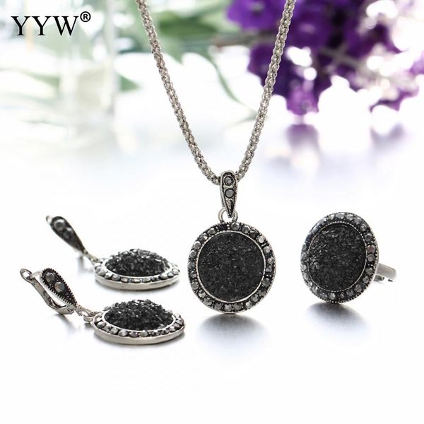 

wholesale vintage black gem jewelry set fashion women jewelry set antique silver crystal round stone pendant necklace sets