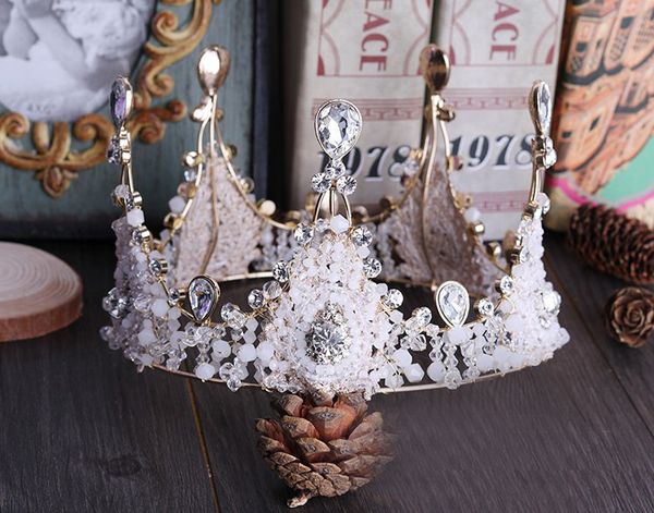 

continental retro handmade crystal round queen crown bride headdress wedding hair accessories, Golden;white