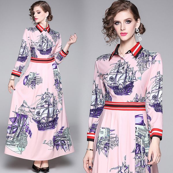 

luxury runway floral printed dress women casual long sleeve lapel neck party prom ladies button shirt dress elegant office designer dresses, Black;gray