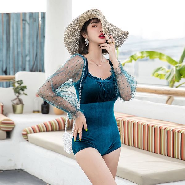 

2020 velvet swimming girls' conjoined triangle conservative long-sleeved spring bath swim bathing suit suit holiday swimsuit, White;black