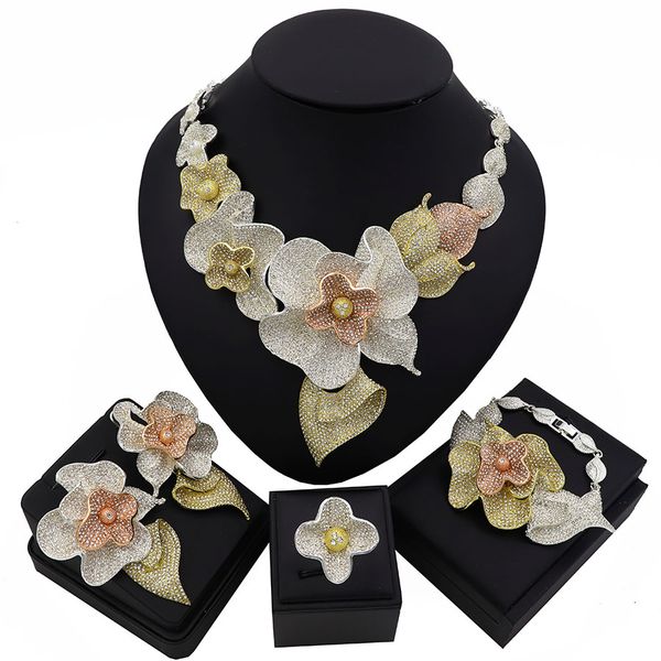 

tsround dubai gold jewelry sets for women ngerian bridal wedding cz 4pcs, Silver