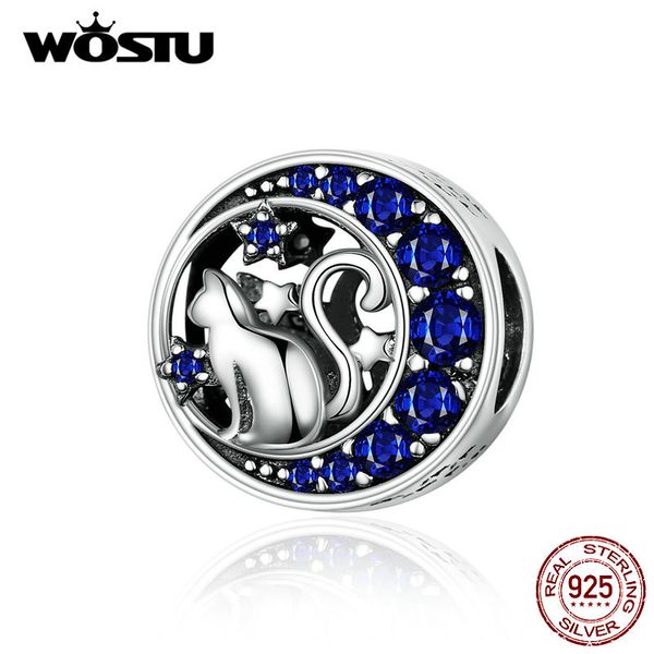 

wostu moon star beads cute cat 925 стерлингового серебра синий эмаль шарм fit оригинальный diy браслет кулон изготовление ювелирных изделий, Blue;slivery