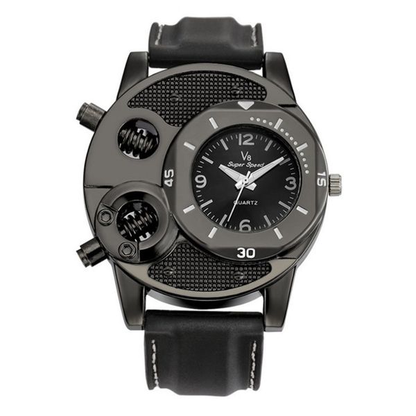 

v8 men leisure casual wristwatch quartz double movement watch super speed unique style black analog for gifts, Slivery;brown